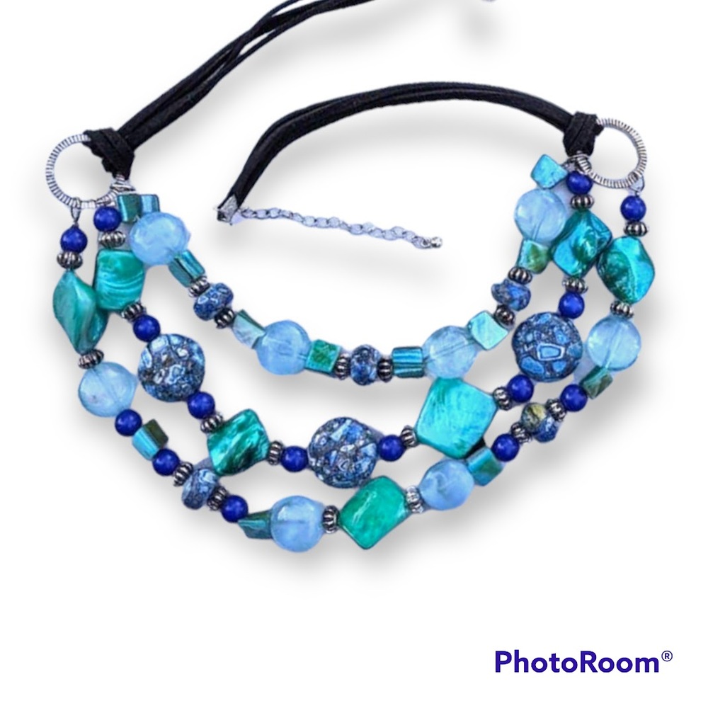 3-strand blue shell and composite stone necklace